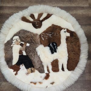 Peruvian Round Alpaca Wool Patchwork Rug or Wall Tapestry With Llama Design